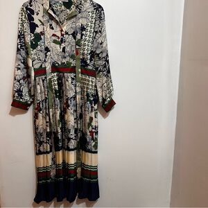 Floral Button-Front Long Sleeve Maxi Dress in Cream and Navy
